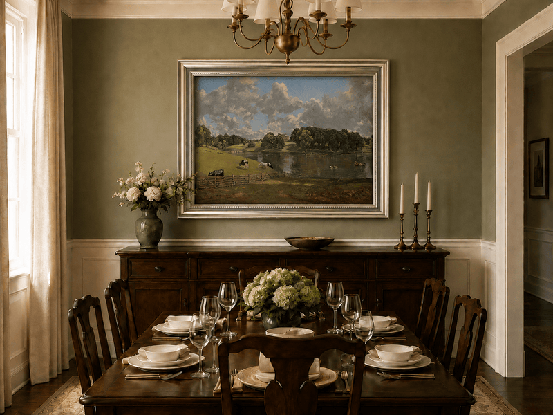 Landscape Oil Painting - Pastoral Lake Cows & Country Estate