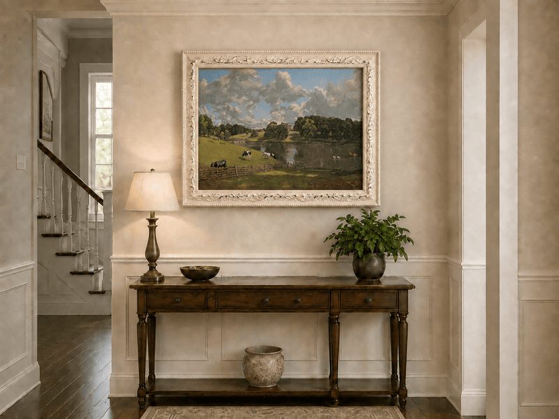 Landscape Oil Painting - Pastoral Lake Cows & Country Estate