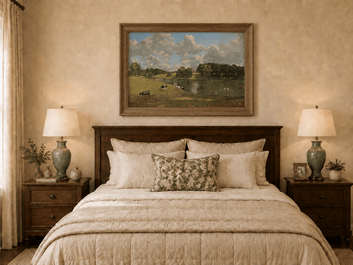 Landscape Oil Painting - Pastoral Lake Cows & Country Estate