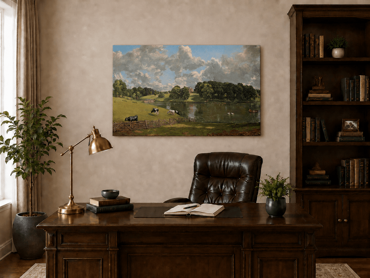 Landscape Oil Painting - Pastoral Lake Cows & Country Estate