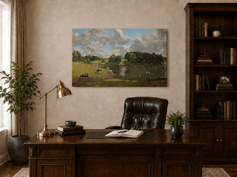 Landscape Oil Painting - Pastoral Lake Cows & Country Estate