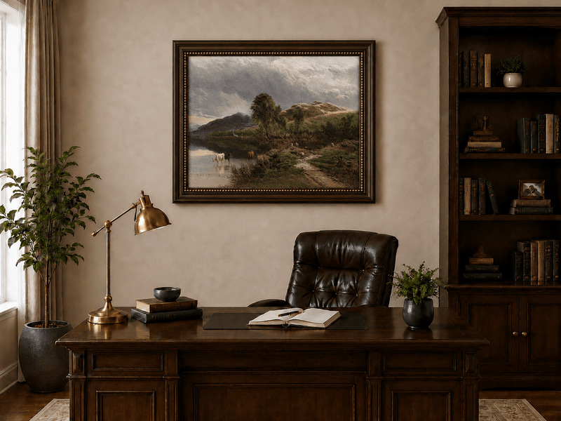 Landscape Oil Painting - Pastoral Lake Grazing Cattle & Hills