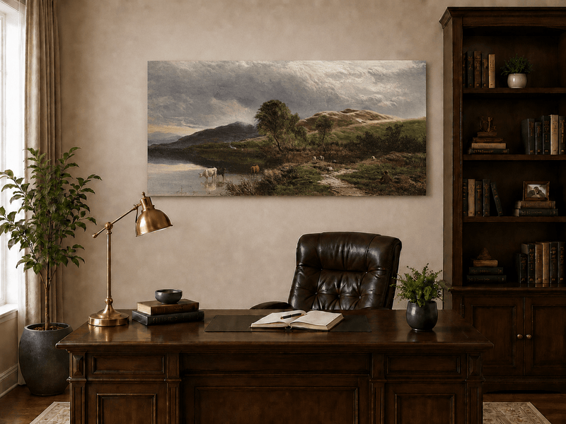 Landscape Oil Painting - Pastoral Lake Grazing Cattle & Hills