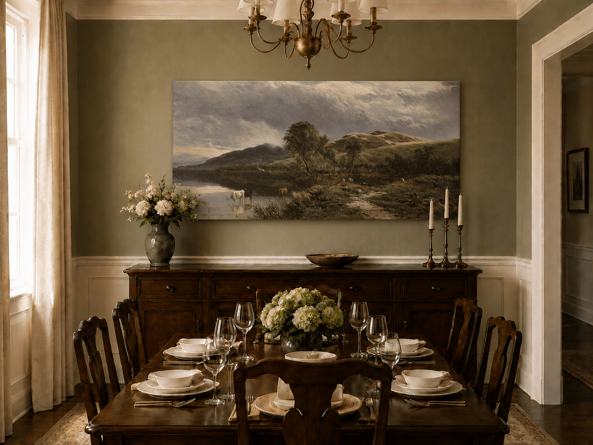Landscape Oil Painting - Pastoral Lake Grazing Cattle & Hills