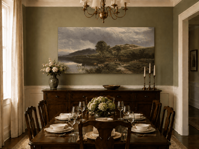 Landscape Oil Painting - Pastoral Lake Grazing Cattle & Hills