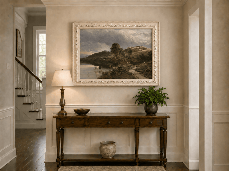 Landscape Oil Painting - Pastoral Lake Grazing Cattle & Hills