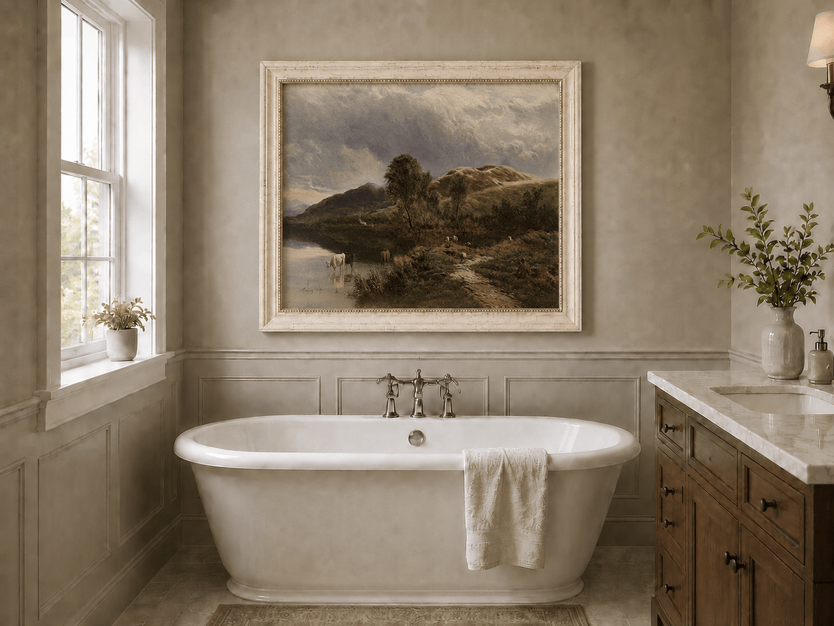 Landscape Oil Painting - Pastoral Lake Grazing Cattle & Hills