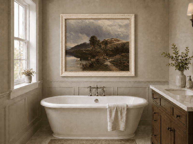 Landscape Oil Painting - Pastoral Lake Grazing Cattle & Hills