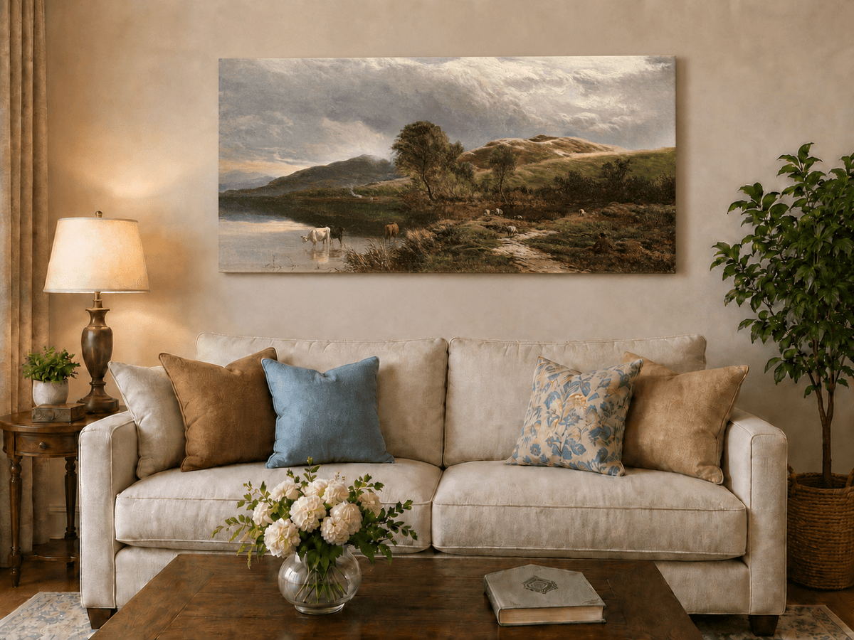 Landscape Oil Painting - Pastoral Lake Grazing Cattle & Hills