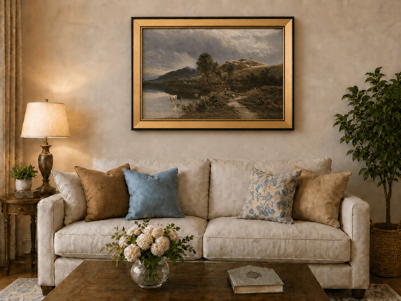 Landscape Oil Painting - Pastoral Lake Grazing Cattle & Hills