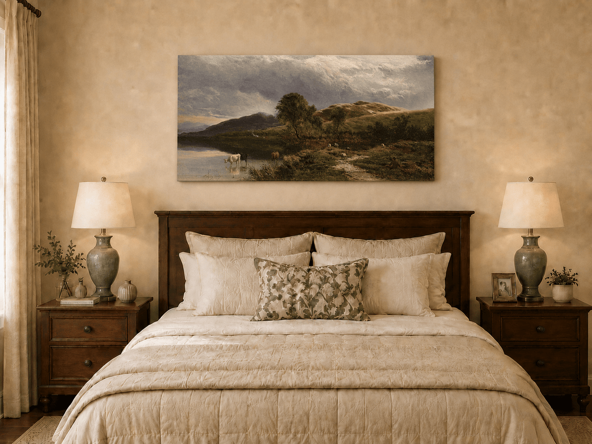 Landscape Oil Painting - Pastoral Lake Grazing Cattle & Hills