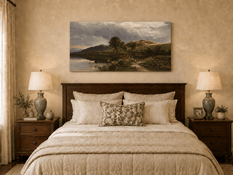 Landscape Oil Painting - Pastoral Lake Grazing Cattle & Hills