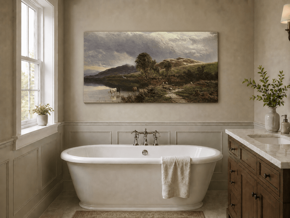 Landscape Oil Painting - Pastoral Lake Grazing Cattle & Hills