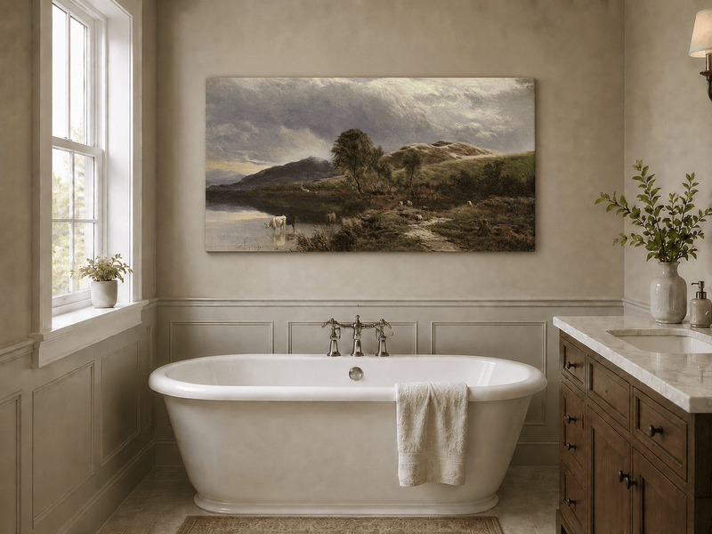 Landscape Oil Painting - Pastoral Lake Grazing Cattle & Hills