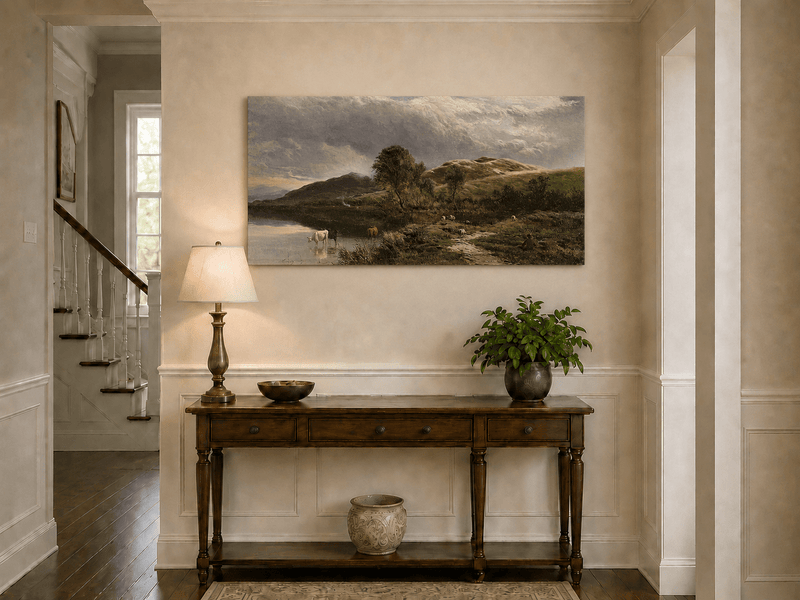 Landscape Oil Painting - Pastoral Lake Grazing Cattle & Hills