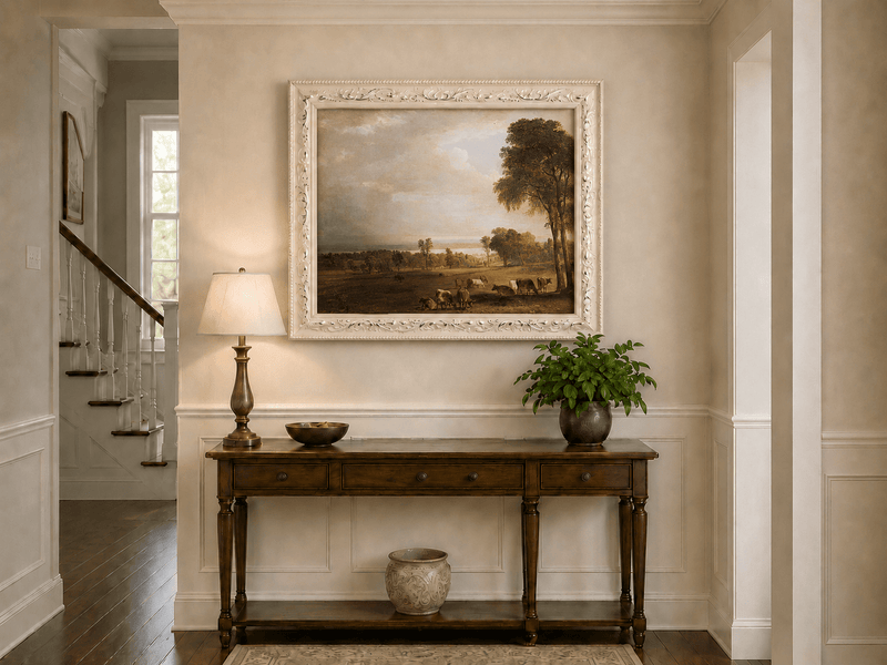 Peinture à l'huile de paysage - Paysage pastoral avec bétail