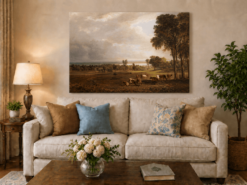 Peinture à l'huile de paysage - Paysage pastoral avec bétail