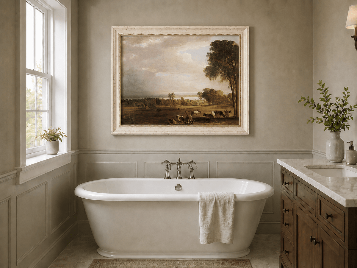 Peinture à l'huile de paysage - Paysage pastoral avec bétail