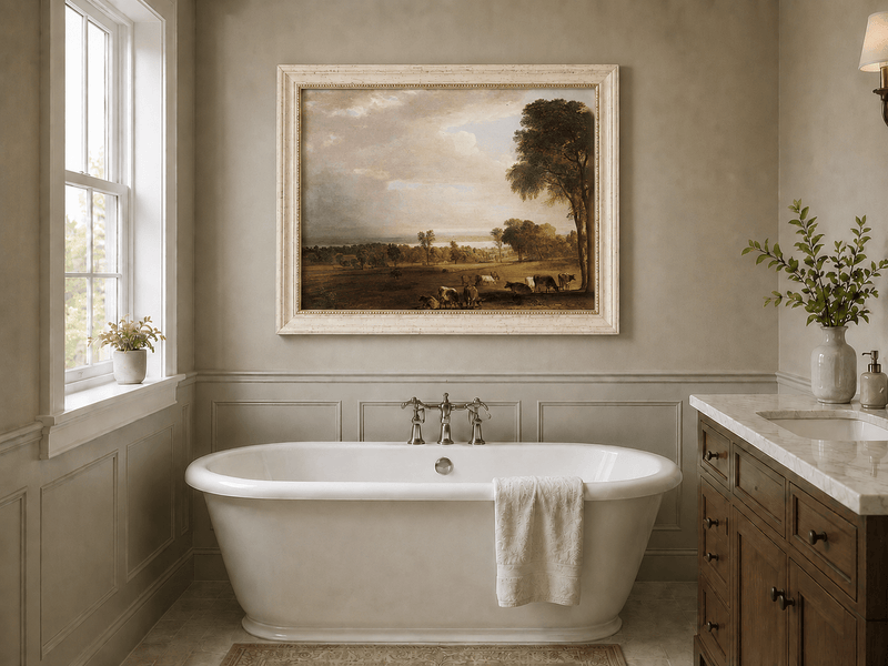 Peinture à l'huile de paysage - Paysage pastoral avec bétail
