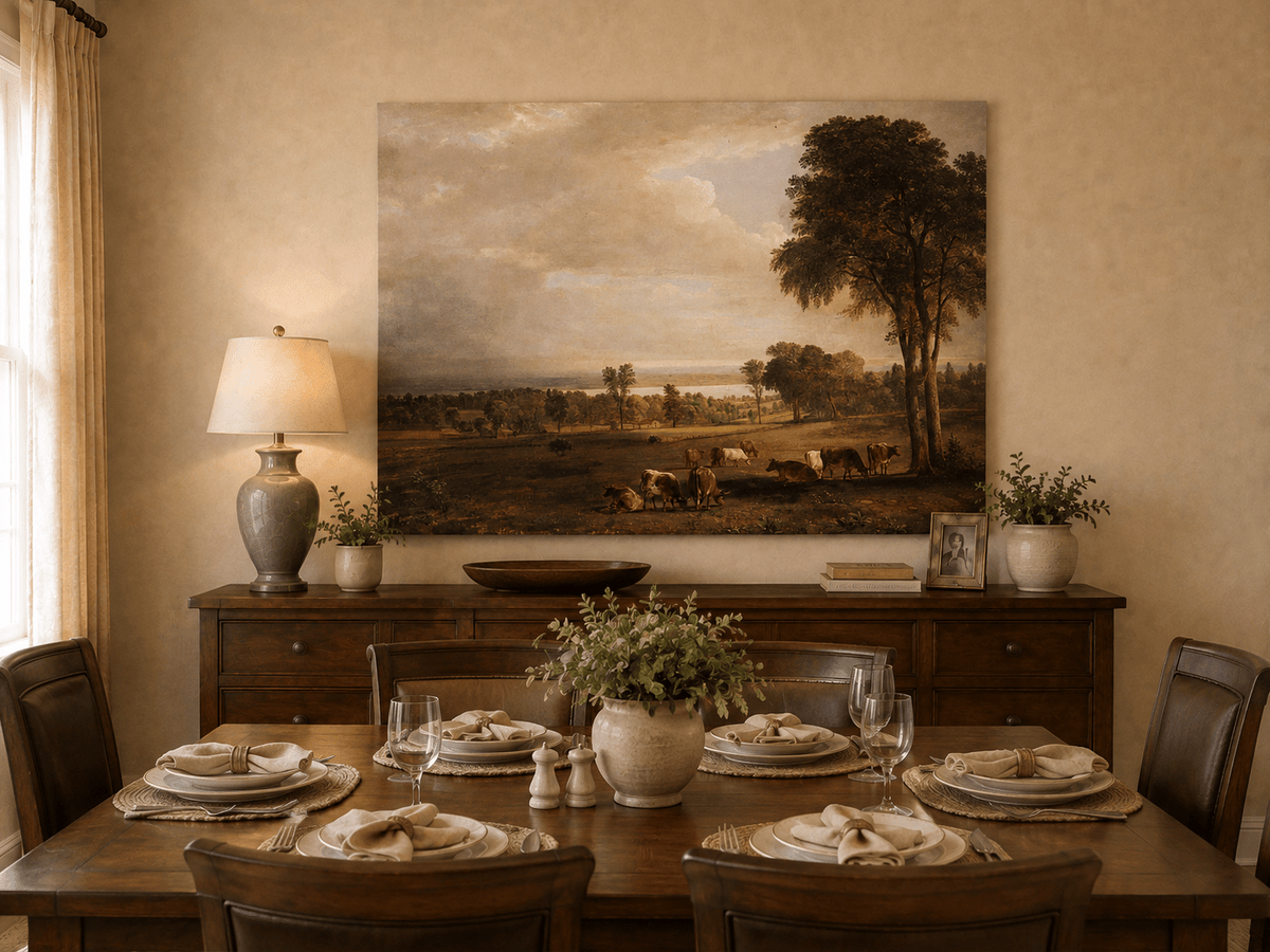 Peinture à l'huile de paysage - Paysage pastoral avec bétail