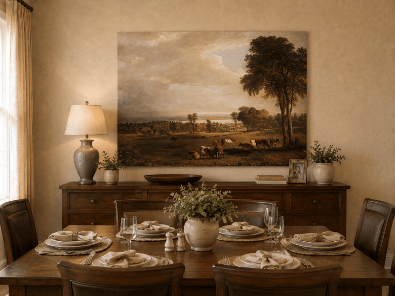 Peinture à l'huile de paysage - Paysage pastoral avec bétail