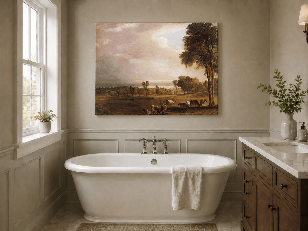 Peinture à l'huile de paysage - Paysage pastoral avec bétail