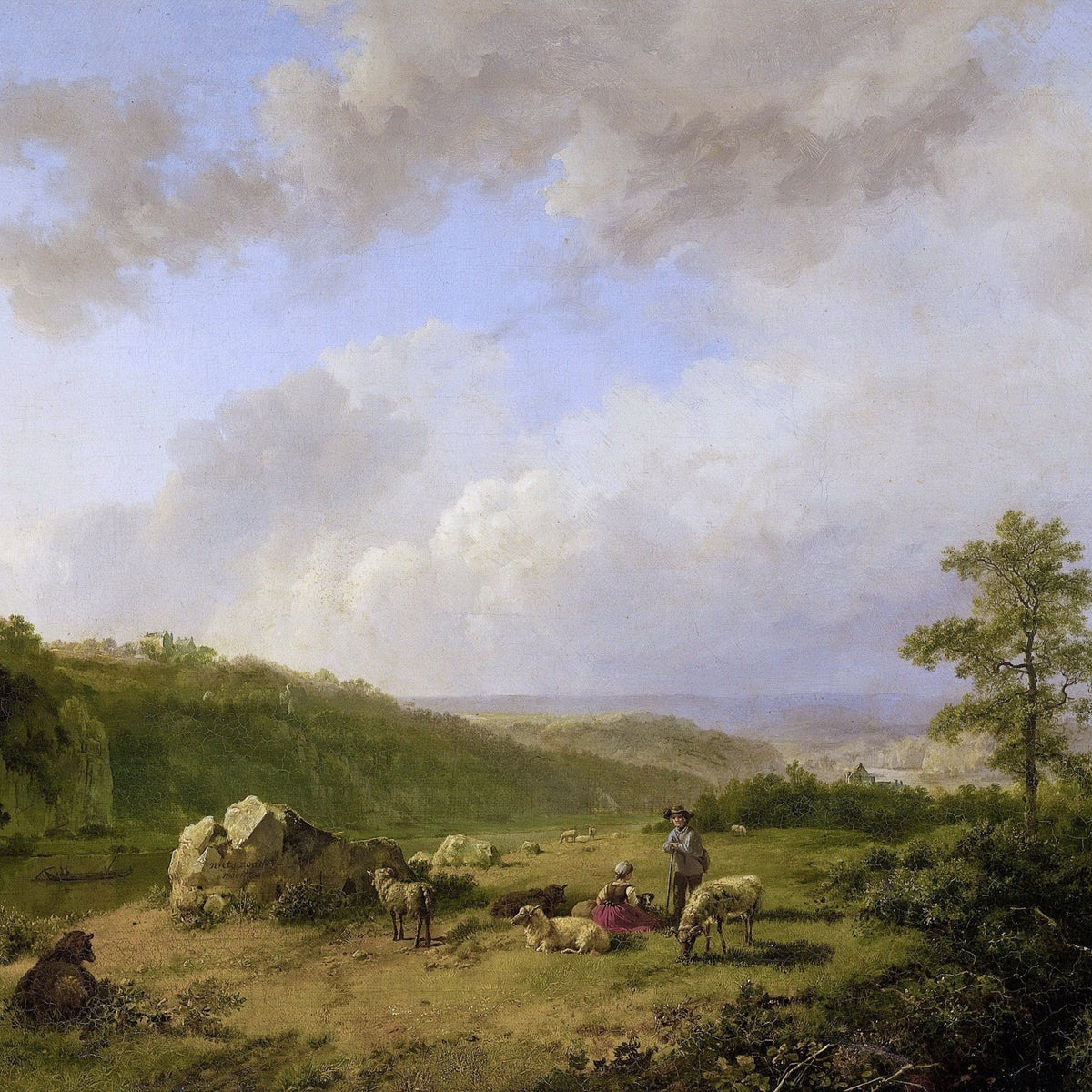 Hand-painted pastoral meadow with shepherd and sheep landscape oil painting on canvas