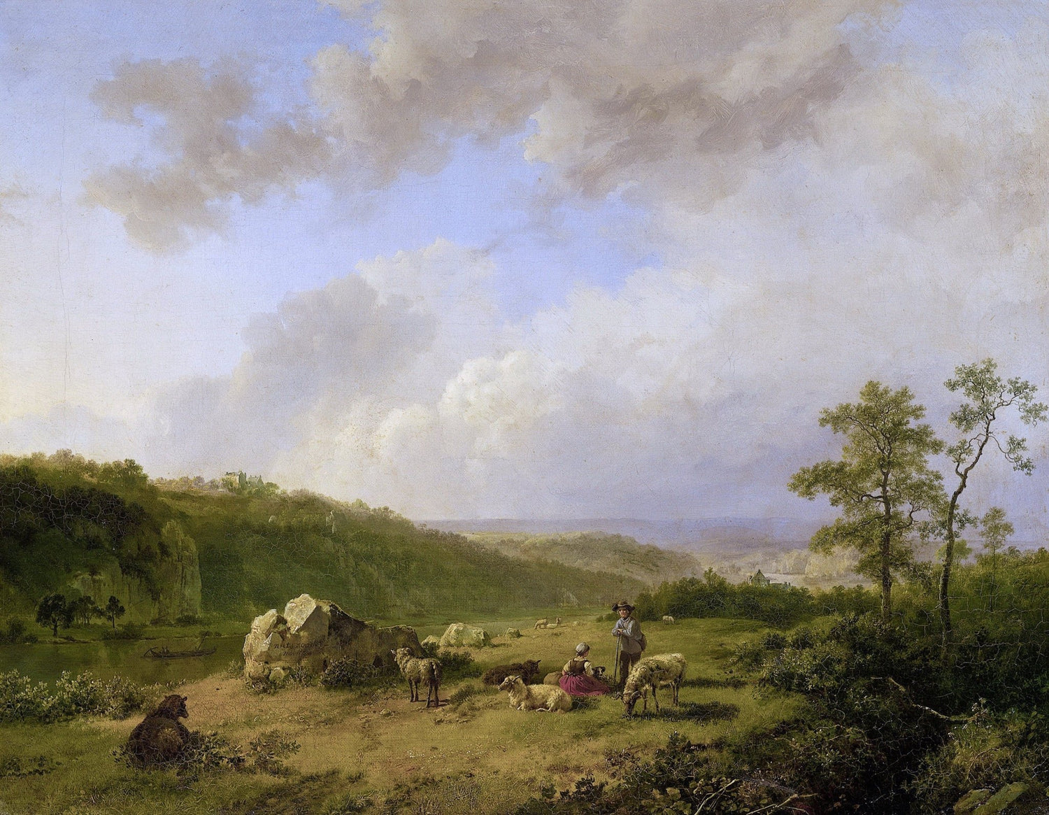 Hand-painted pastoral meadow with shepherd and sheep landscape oil painting on canvas