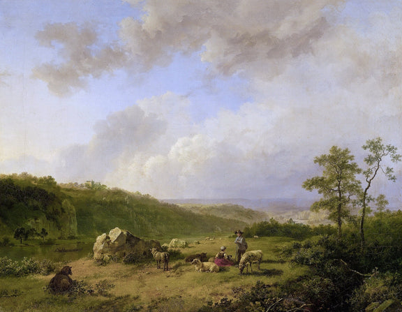Hand-painted pastoral meadow with shepherd and sheep landscape oil painting on canvas