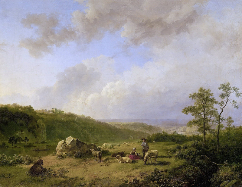 Hand-painted pastoral meadow with shepherd and sheep landscape oil painting on canvas