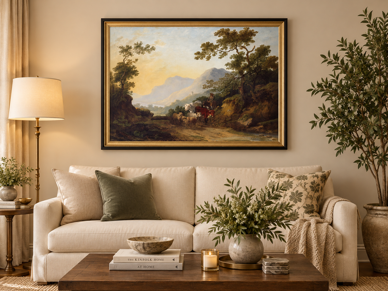 Hand-painted Pastoral Mountain Path with Herdsman landscape oil painting displayed as wall art in a styled interior