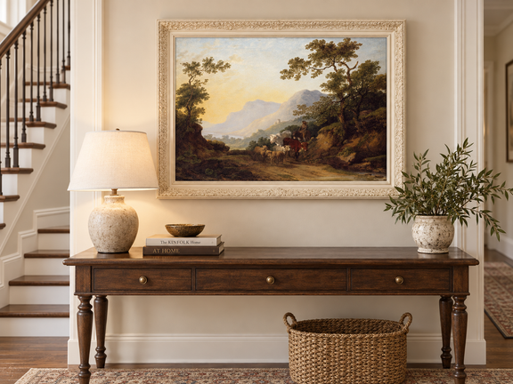 Hand-painted Pastoral Mountain Path with Herdsman landscape oil painting displayed as wall art in a styled interior