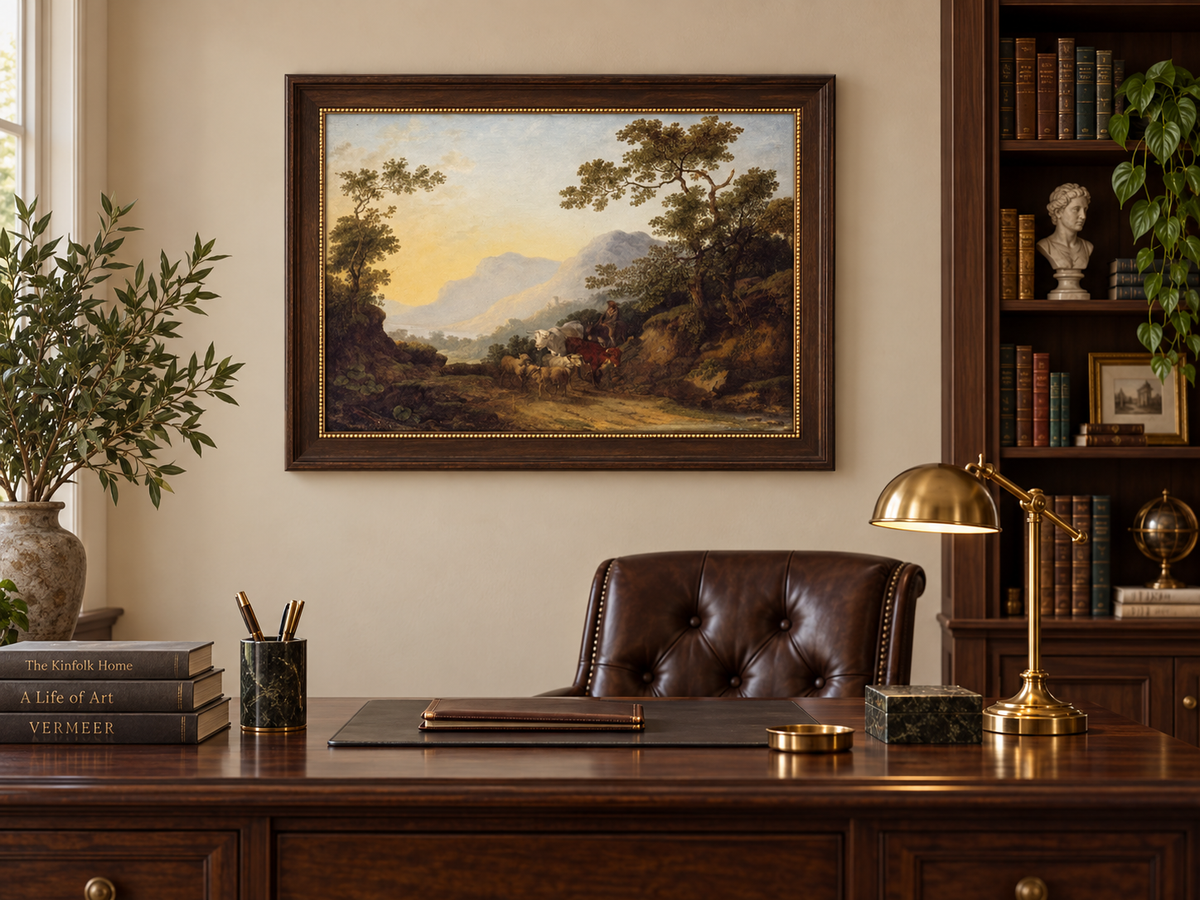 Hand-painted Pastoral Mountain Path with Herdsman landscape oil painting displayed as wall art in a styled interior