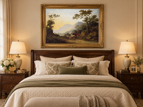 Hand-painted Pastoral Mountain Path with Herdsman landscape oil painting displayed as wall art in a styled interior