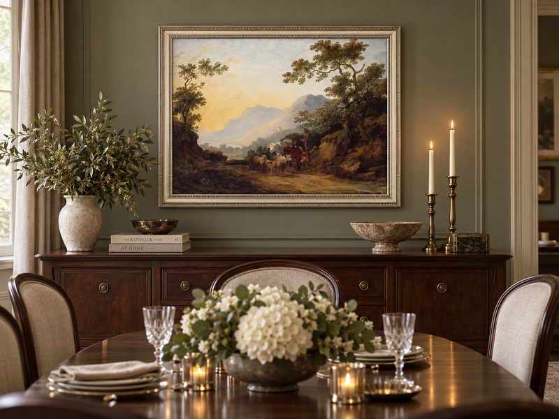 Hand-painted Pastoral Mountain Path with Herdsman landscape oil painting displayed as wall art in a styled interior