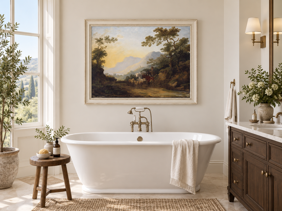 Hand-painted Pastoral Mountain Path with Herdsman landscape oil painting displayed as wall art in a styled interior