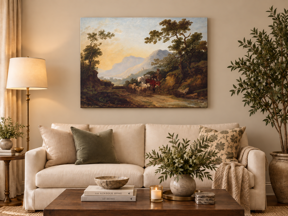 Hand-painted Pastoral Mountain Path with Herdsman landscape oil painting displayed as wall art in a styled interior