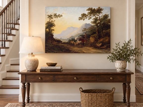 Hand-painted Pastoral Mountain Path with Herdsman landscape oil painting displayed as wall art in a styled interior