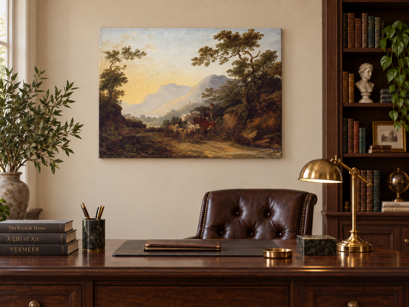 Hand-painted Pastoral Mountain Path with Herdsman landscape oil painting displayed as wall art in a styled interior
