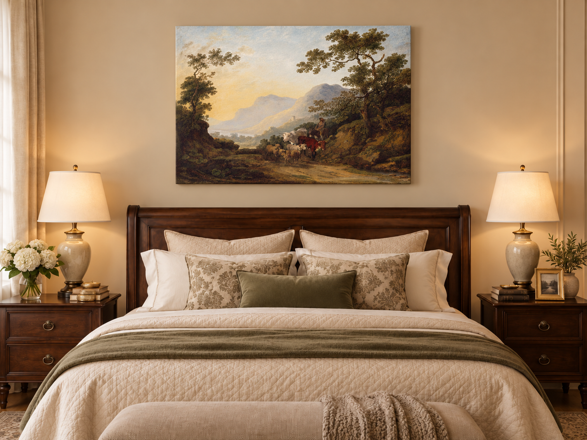 Hand-painted Pastoral Mountain Path with Herdsman landscape oil painting displayed as wall art in a styled interior