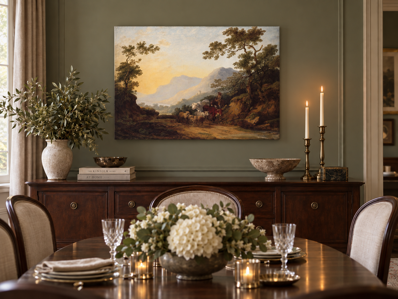 Hand-painted Pastoral Mountain Path with Herdsman landscape oil painting displayed as wall art in a styled interior