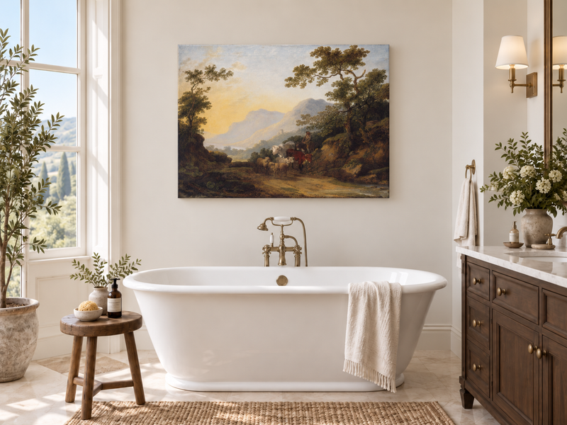 Hand-painted Pastoral Mountain Path with Herdsman landscape oil painting displayed as wall art in a styled interior