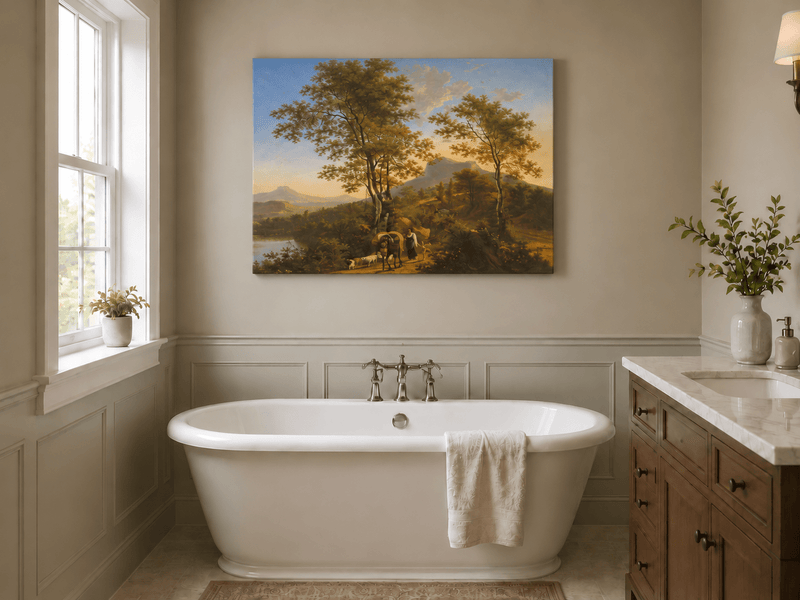 Landscape Oil Painting - Pastoral Mountain Path with Wagon