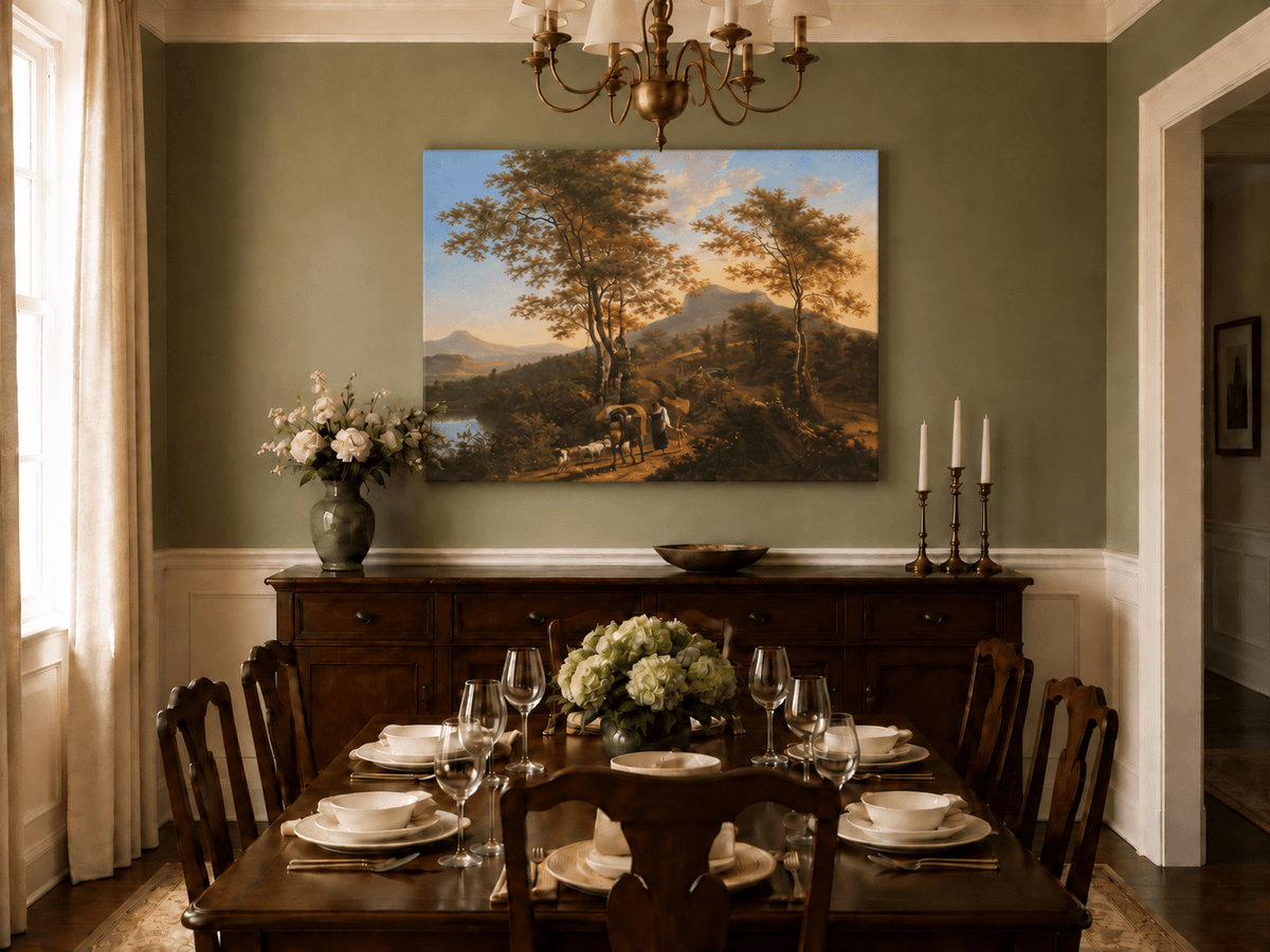 Landscape Oil Painting - Pastoral Mountain Path with Wagon