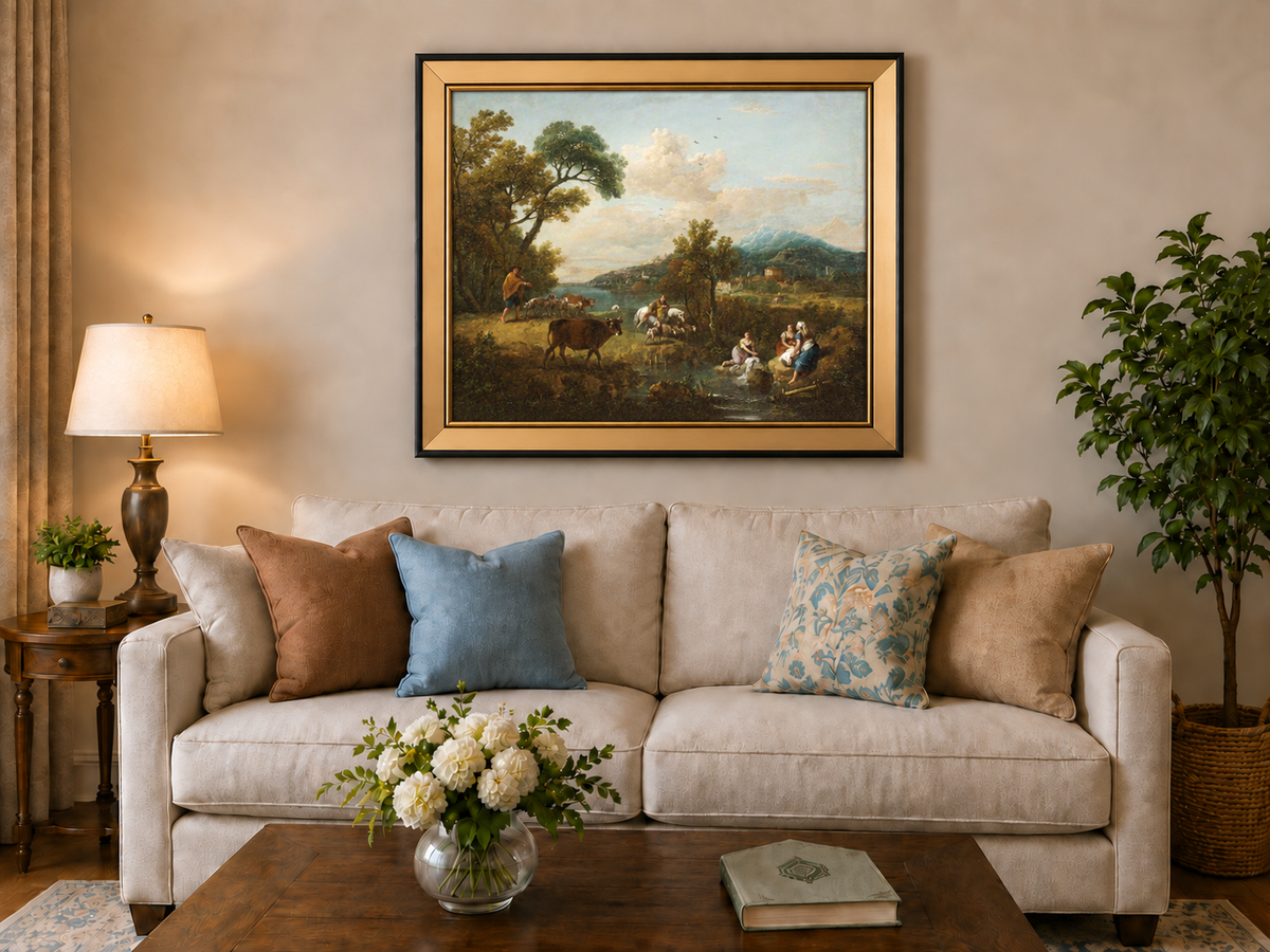 Hand-painted Pastoral Mountain Stream with Figures landscape oil painting displayed as wall art in a styled interior