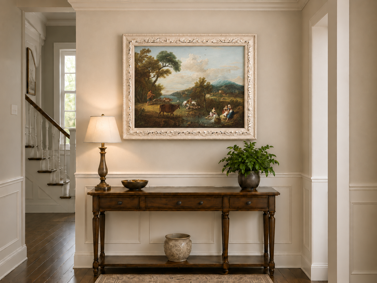 Hand-painted Pastoral Mountain Stream with Figures landscape oil painting displayed as wall art in a styled interior