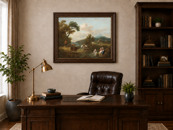 Hand-painted Pastoral Mountain Stream with Figures landscape oil painting displayed as wall art in a styled interior