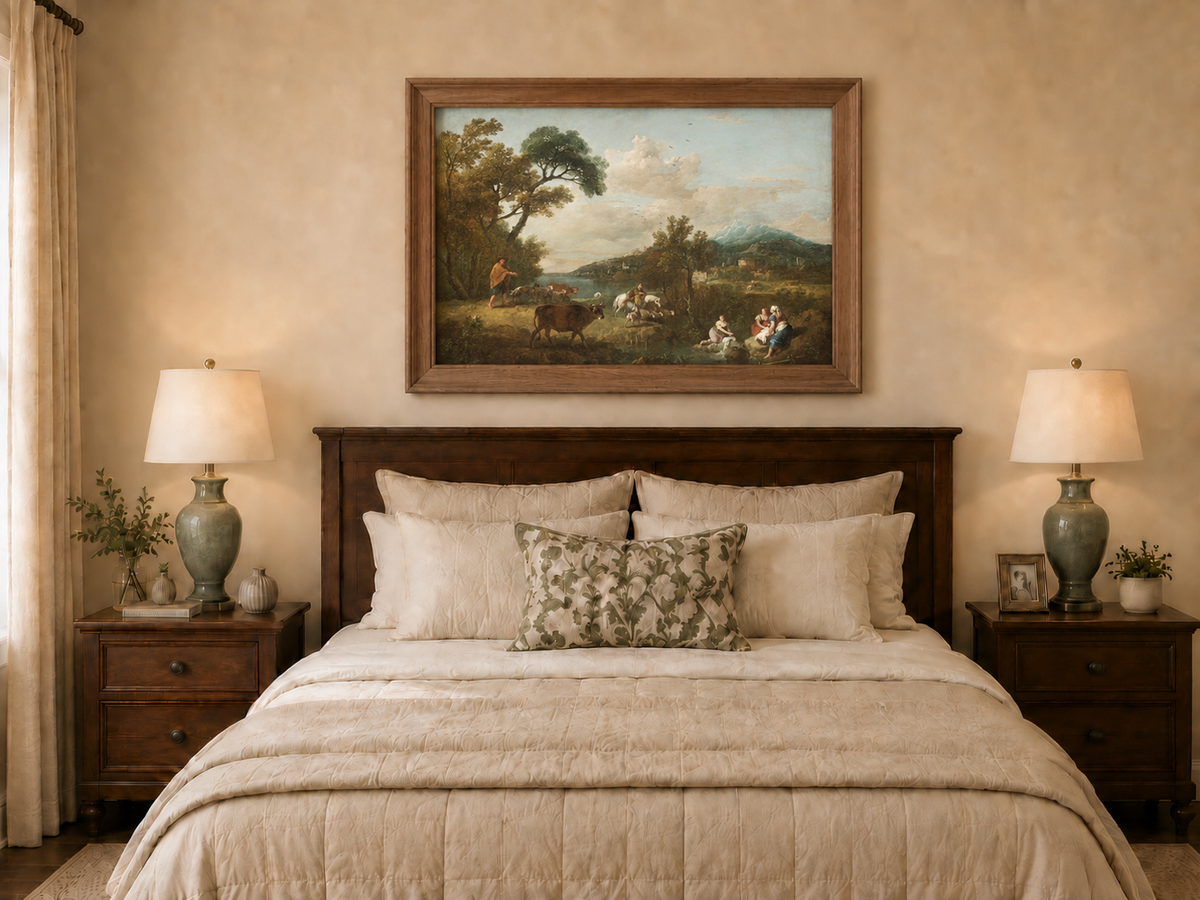 Hand-painted Pastoral Mountain Stream with Figures landscape oil painting displayed as wall art in a styled interior