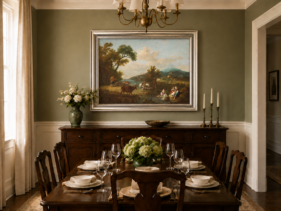 Hand-painted Pastoral Mountain Stream with Figures landscape oil painting displayed as wall art in a styled interior