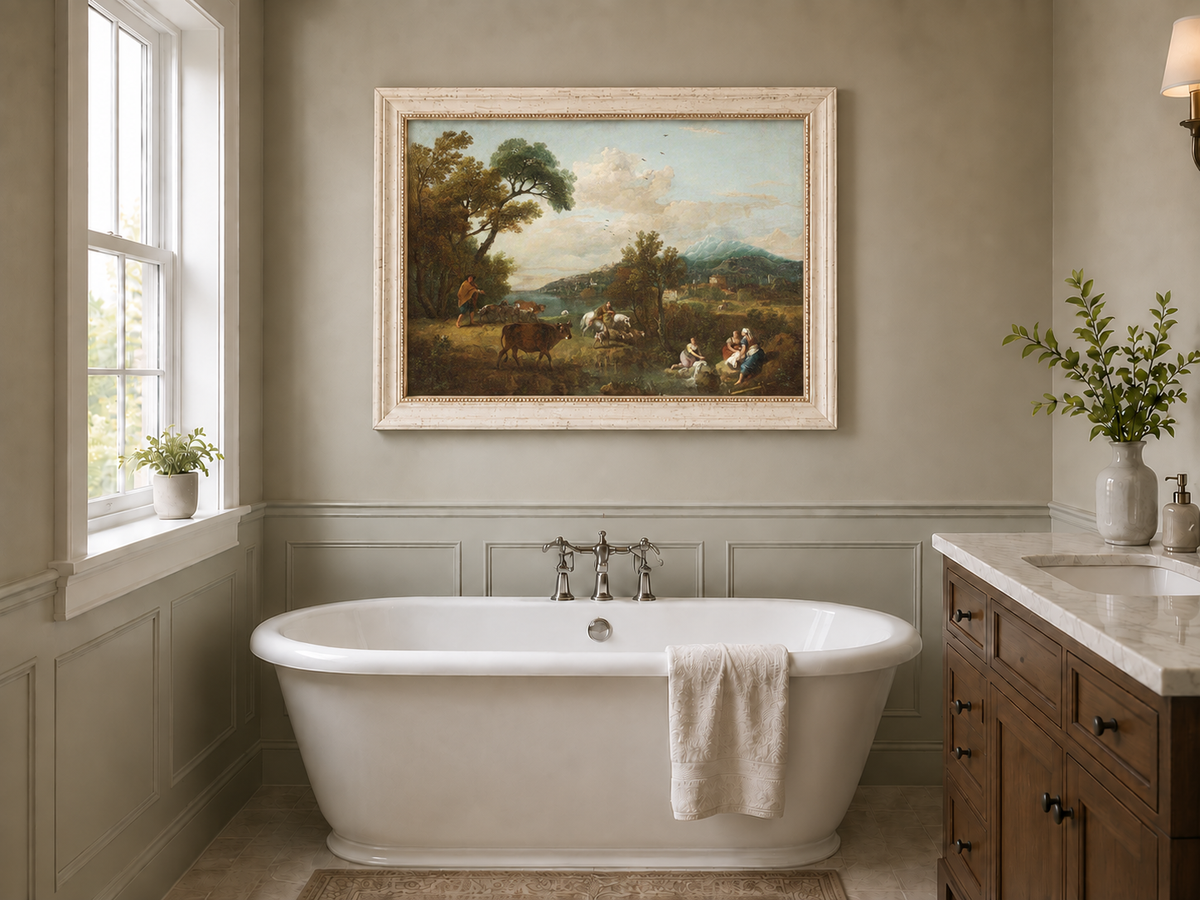 Hand-painted Pastoral Mountain Stream with Figures landscape oil painting displayed as wall art in a styled interior